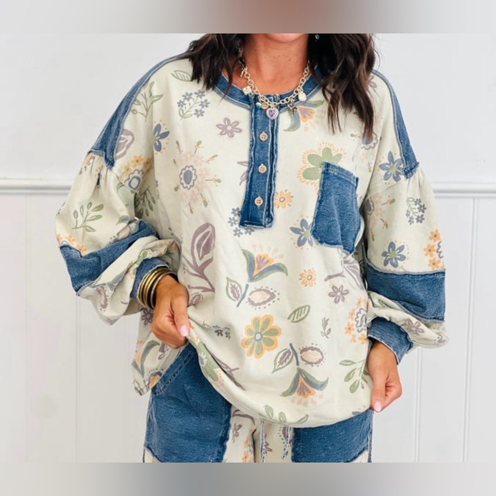 NWT Easel Ecru Mineral Washed Floral Print Top. - Picture 3 of 4